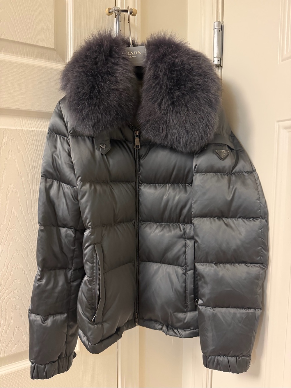 Prada Women's Dark Gray Puffer Jacket with Fur Collar